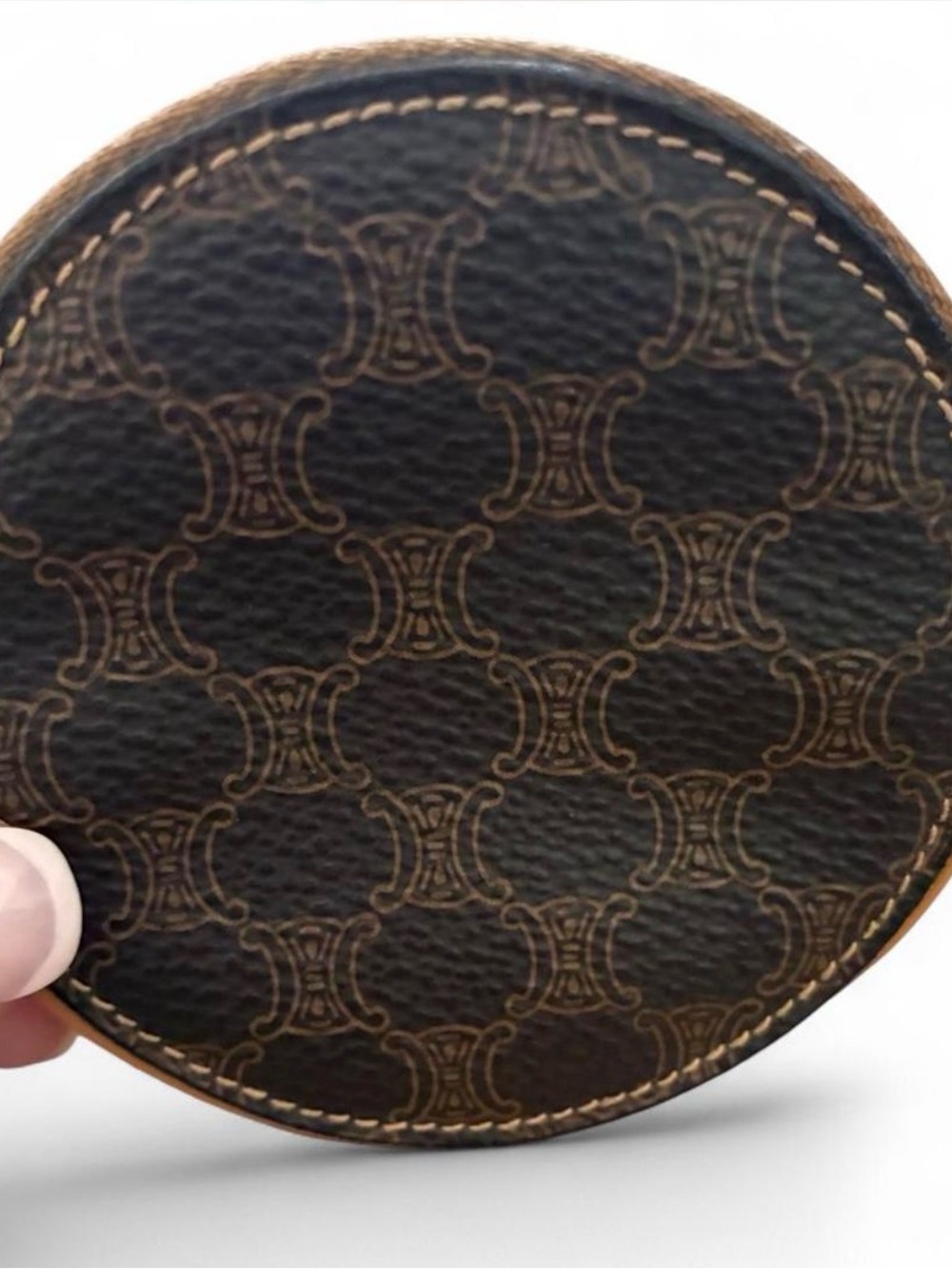 Celine Round Zip Coin Pouch - Dark Brown with Tan Trim - Picture 3 of 7